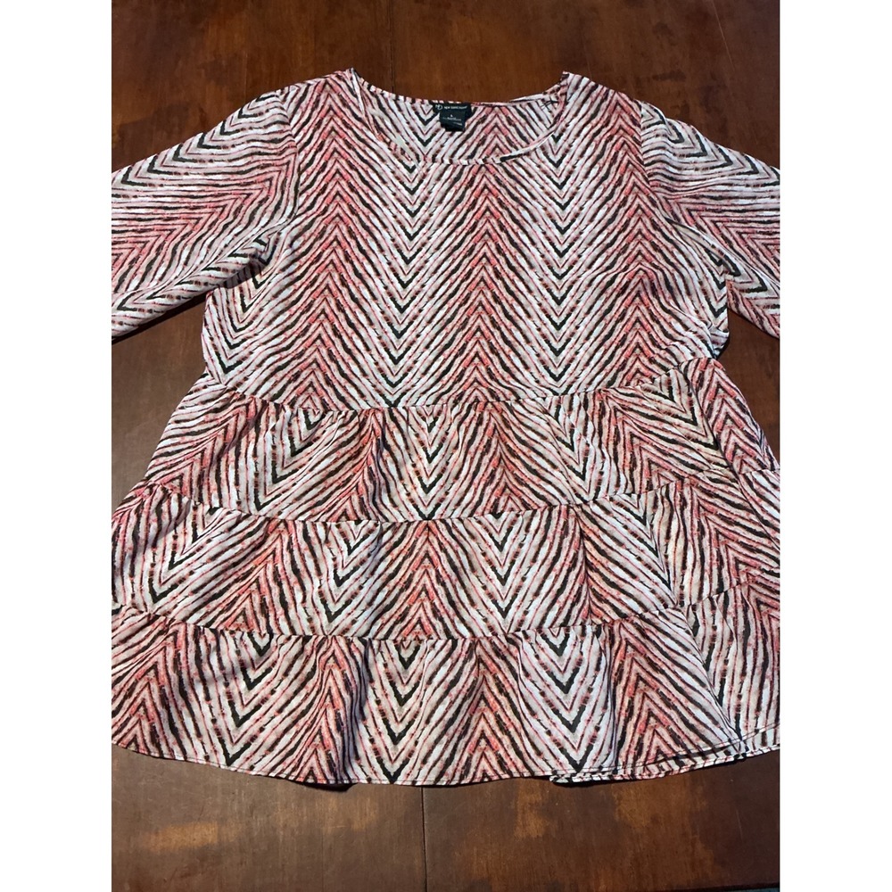 New Directions Pink Black Chevron Tiered Babydoll Blouse 3/4 Sleeve Large
